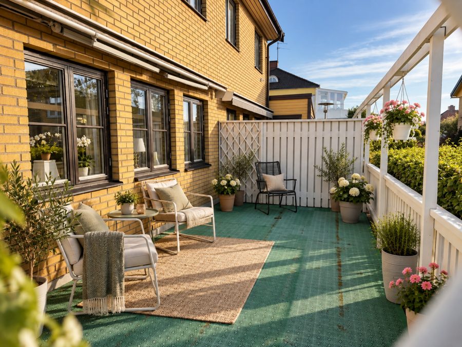 Mysig grön terrass i kvällssol